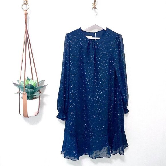 Hobbs London Blue Long Sleeve Metallic Dot Tie Waist Dress Size US 8 - Picture 1 of 7